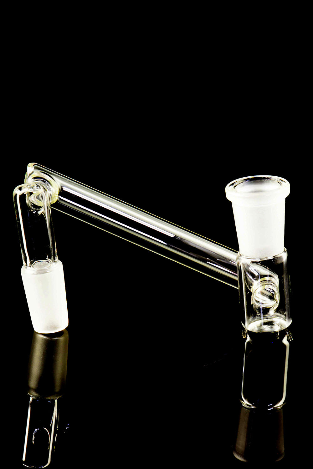 Close-up drop-down sidecar glass adapter for 14 mm setups featuring frosted male plug and female receiver on a black backdrop.