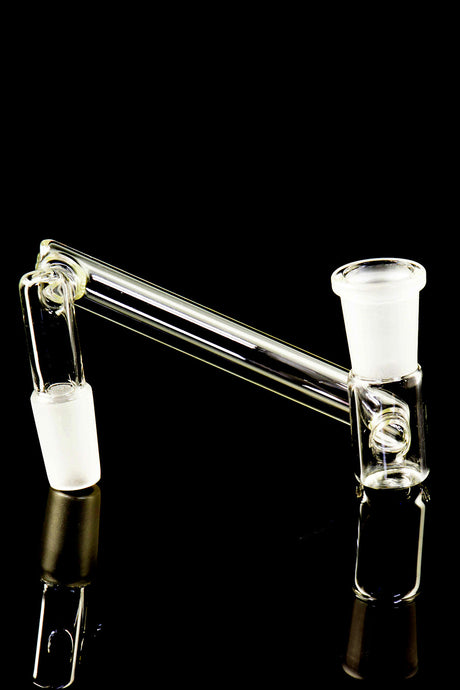Close-up drop-down sidecar glass adapter for 14 mm setups featuring frosted male plug and female receiver on a black backdrop.