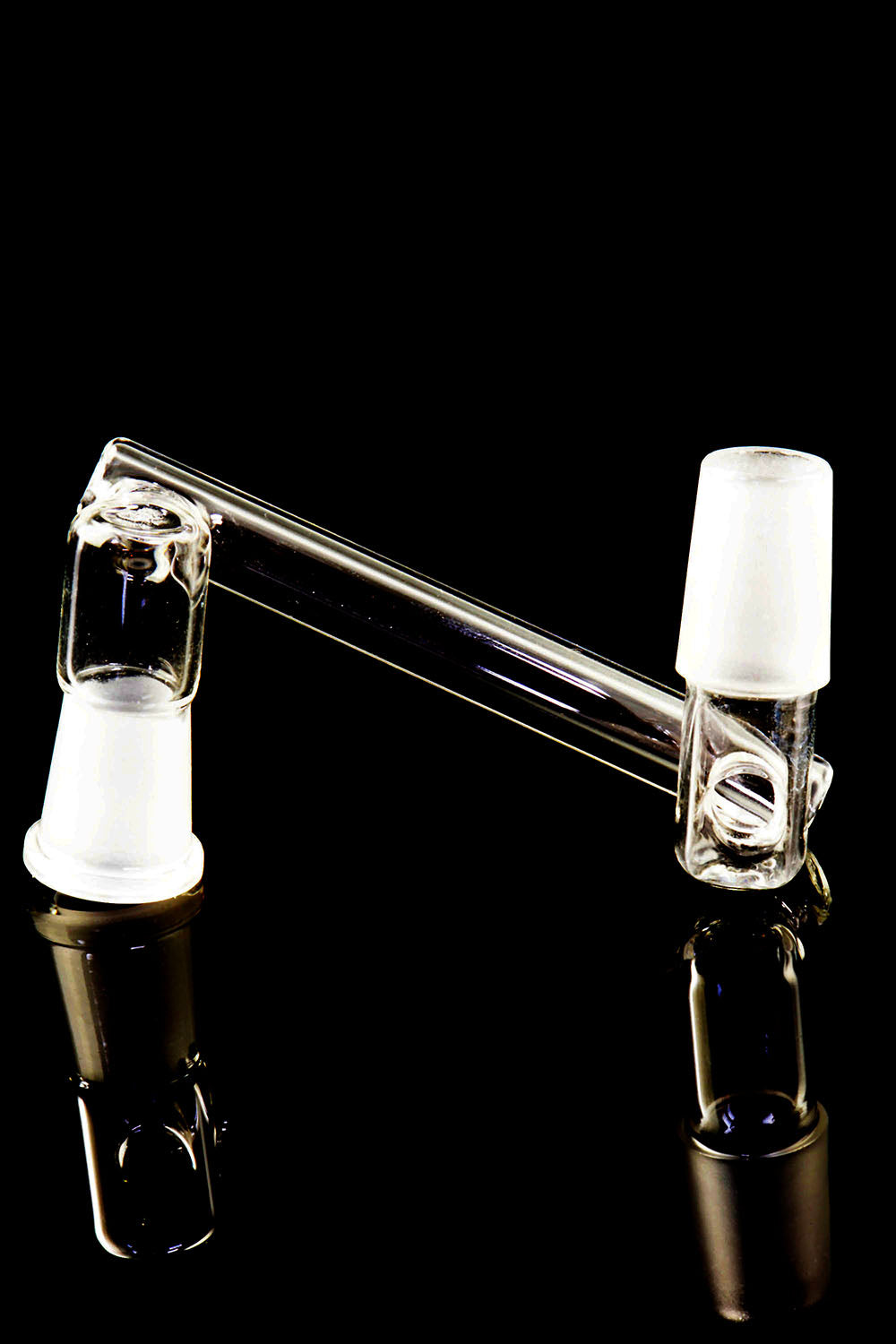 Close-up drop-down sidecar reducer for 19→14 setups featuring frosted male joint and 14.5 mm female seat on a black reflective backdrop.