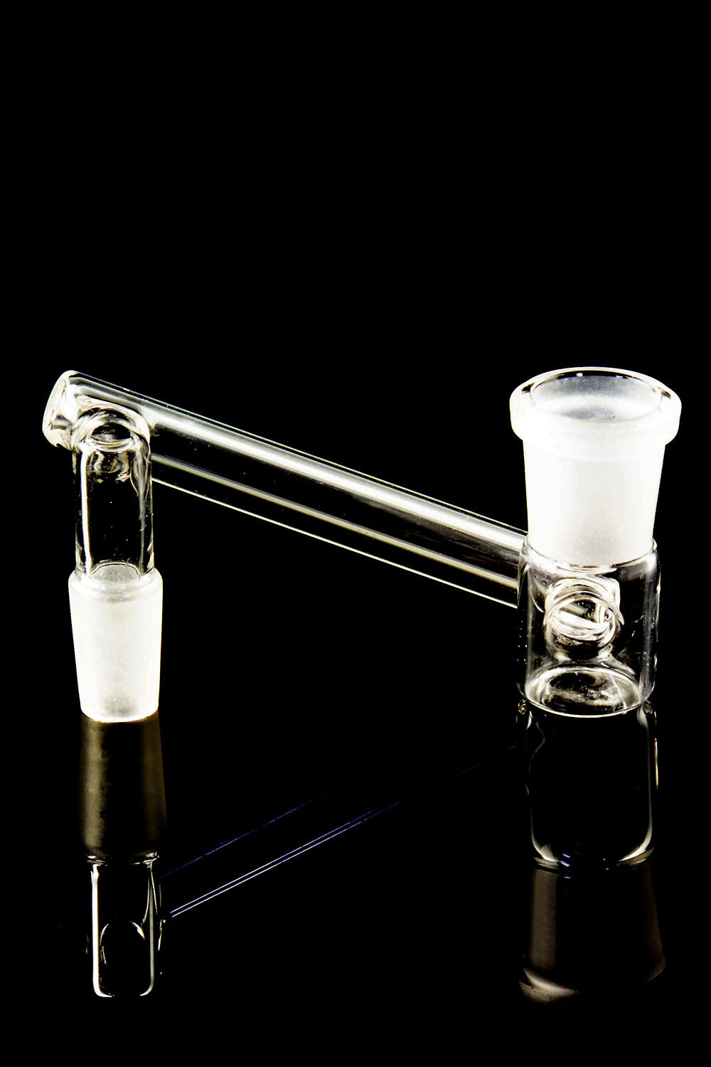 Close-up drop-down sidecar reducer for 19→14 setups showing frosted 14.5 mm male joint and 18.8 mm female seat on a black reflective backdrop.