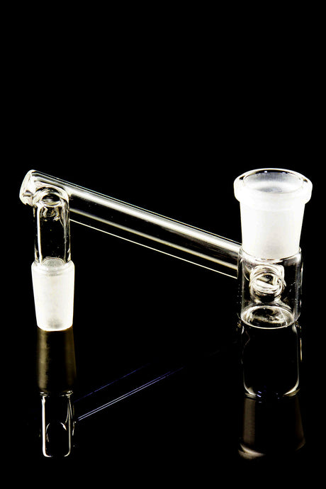 Close-up drop-down sidecar reducer for 19→14 setups showing frosted 14.5 mm male joint and 18.8 mm female seat on a black reflective backdrop.