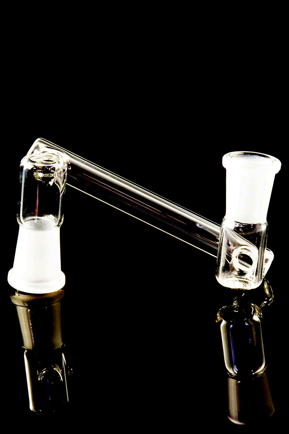Close-up of 14.5 mm female-to-female drop-down sidecar adapter featuring frosted receivers and straight connector tube on a black reflective backdrop.