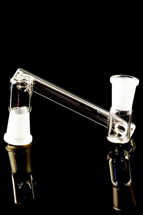 Close-up of 14.5 mm female-to-female drop-down sidecar adapter featuring frosted receivers and straight connector tube on a black reflective backdrop.