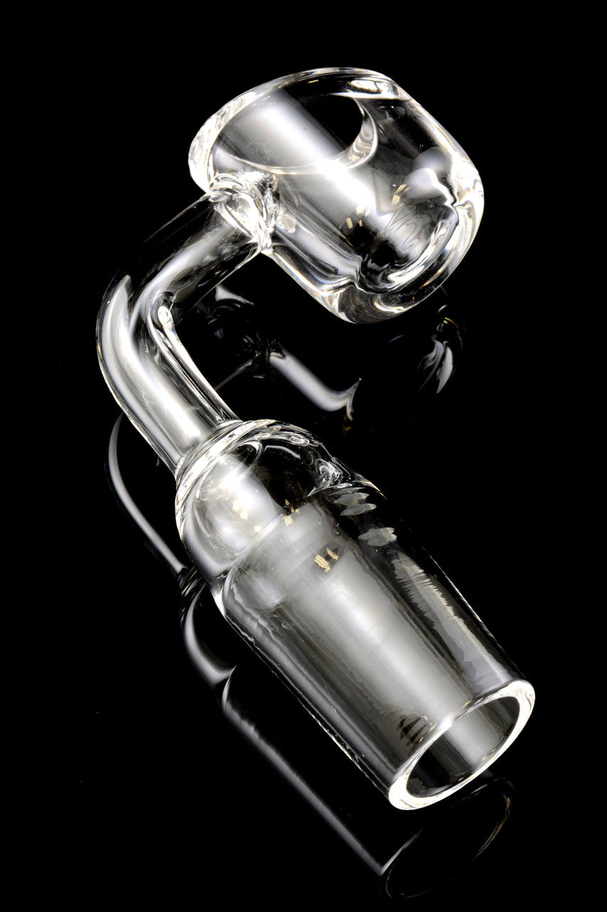 Side view of 18.8 mm male domeless quartz banger showing 4 mm thick bucket and ground joint, curved neck; clear glass on black.