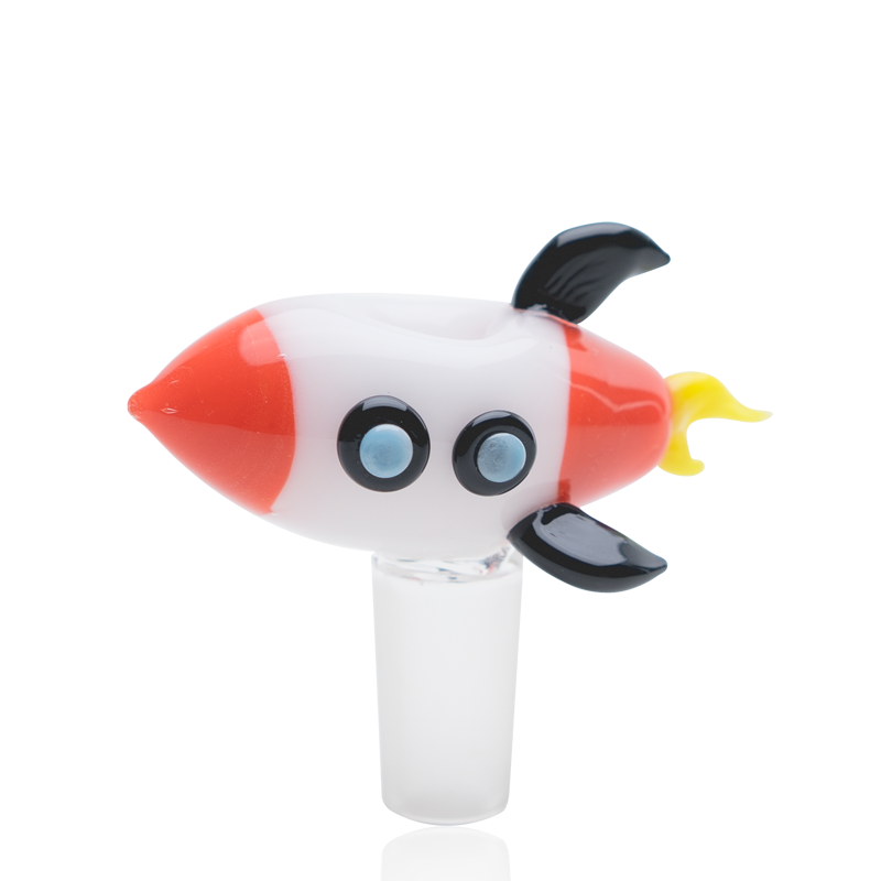 Rocket-themed glass bong bowl with 14.5 mm male joint, red and white body, black fins, and yellow flame detail on the tail.