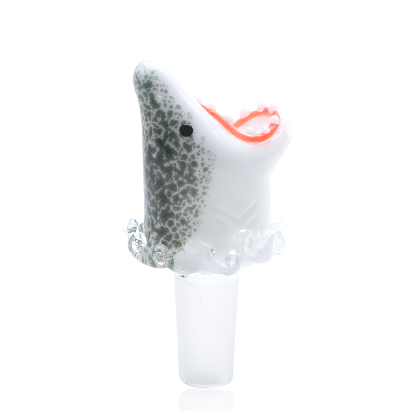 Shark-themed glass bong bowl with 14.5 mm male joint, open red mouth and white teeth, speckled gray body and splash accents near the base.