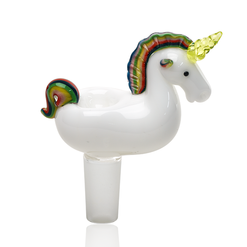 White unicorn glass bong bowl with 14.5 mm male joint, rainbow mane and tail, and bright yellow horn on a glossy body.