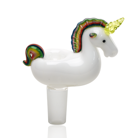 White unicorn glass bong bowl with 14.5 mm male joint, rainbow mane and tail, and bright yellow horn on a glossy body.