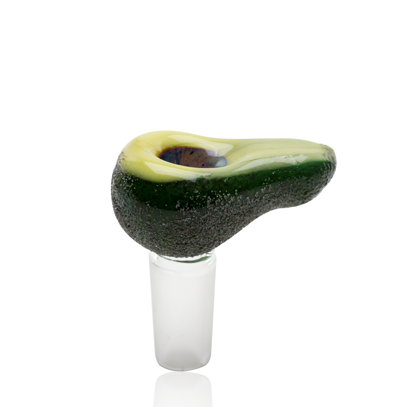 Side view of avocado glass bong bowl showing pebbled rind texture and 14.5 mm male ground-glass connector.