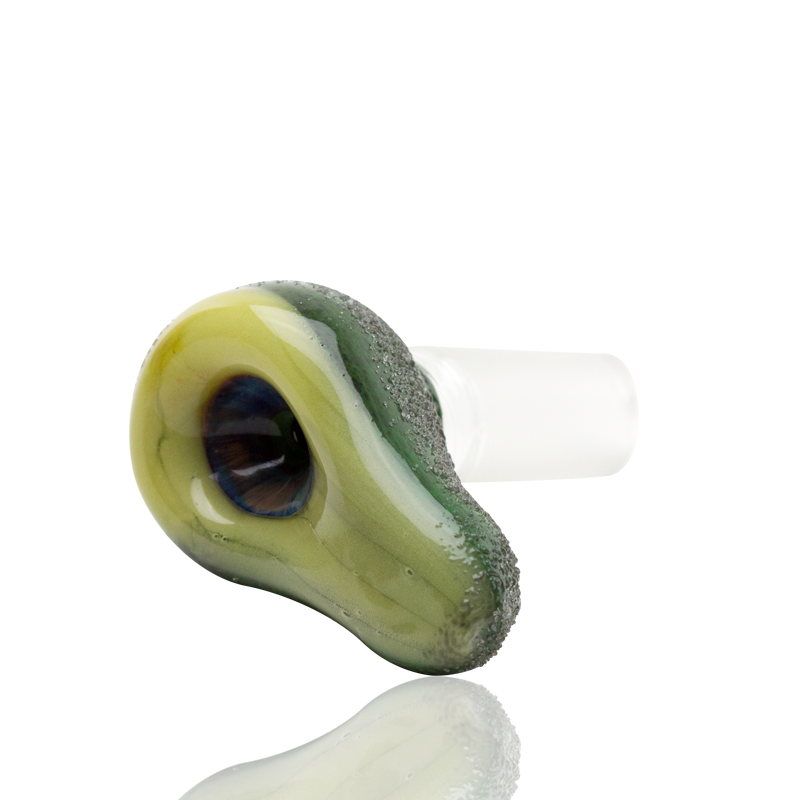 Angled front of green avocado bowl slide with recessed pit chamber and frosted 14.5 mm male joint.