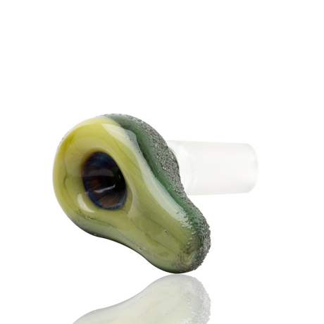 Angled front of green avocado bowl slide with recessed pit chamber and frosted 14.5 mm male joint.