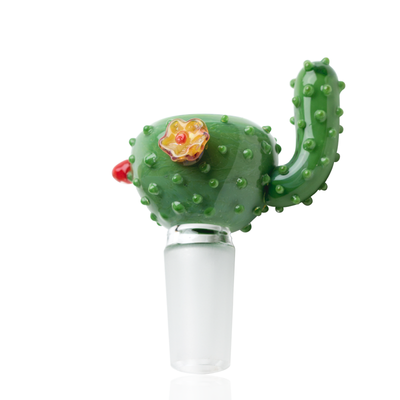 Green cactus-themed glass bong bowl with 14.5 mm male joint and textured nubs; US-made Empire Glassworks accessory shown on white.