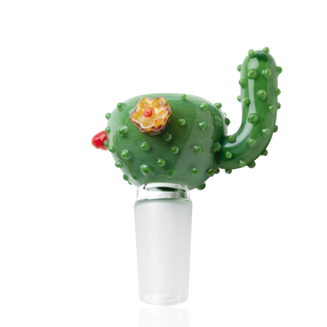 Green cactus-themed glass bong bowl with 14.5 mm male joint and textured nubs; US-made Empire Glassworks accessory shown on white.