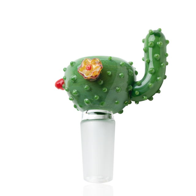 Green cactus-themed glass bong bowl with 14.5 mm male joint and textured nubs; US-made Empire Glassworks accessory shown on white.