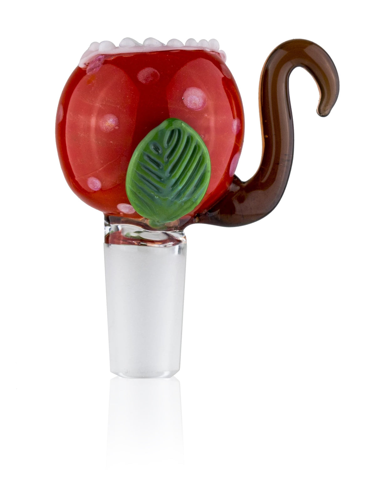 Closeup of red piranha bong bowl with frosted 14.5 mm male joint and sculpted brown handle.