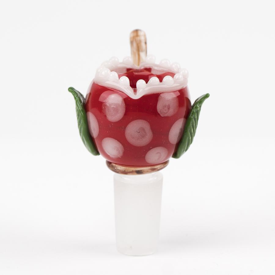 Front view of piranha-style glass herb bowl, red body with white dots and twin green leaves.