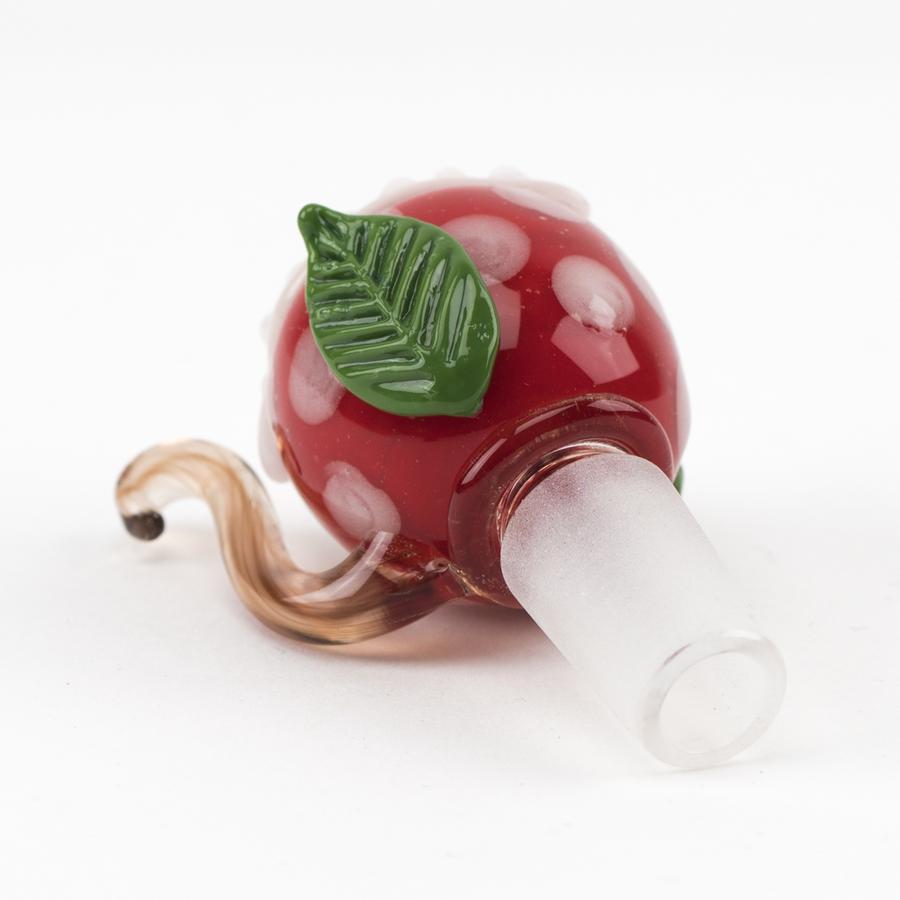 Side view showing frosted 14.5 mm male joint attached to red piranha glass bowl with curled handle.