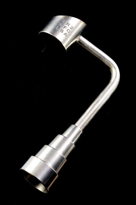 Angled shot of grade-2 titanium nail on black background highlighting the thick head and durable universal joint.