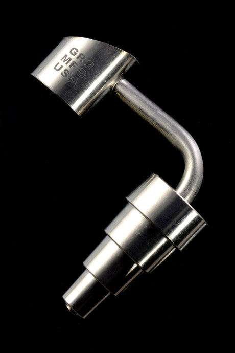 Side profile of titanium domeless nail displaying stamped “GR2 MFG USA” mark and stepped 10/14.5/18.8 mm joint.