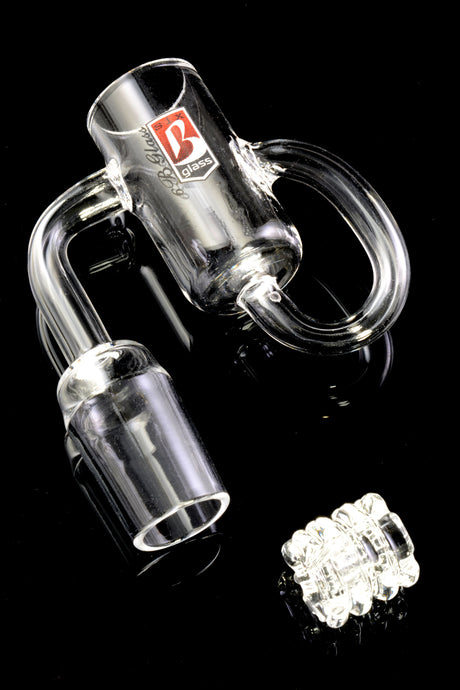 Angled view of 6B Glass recycler-style bucket showing looping return arm and deep cup, clear glass construction.