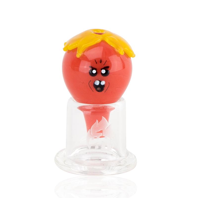 Bubble cap standing on clear display base with smiling face and yellow top; airflow hole centered on crown.