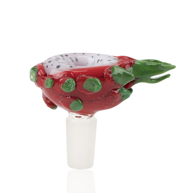Dragon fruit themed glass bong bowl with 14.5 mm male joint; red body, green fins, and speckled white dish shown on transparent background.