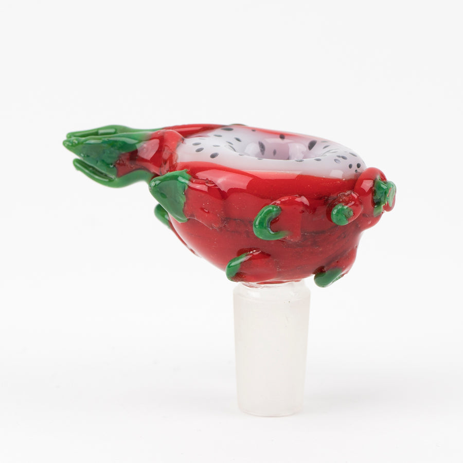 Side view of dragon fruit bong bowl, red glass with green fins and speckled white interior, fitted to a frosted male joint.