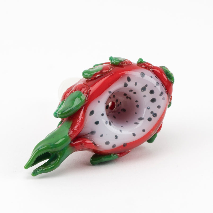 Top view highlighting speckled white dish and airflow hole of dragon fruit design glass bowl with red shell and green leaves.