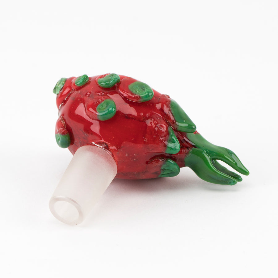 Rear angle of dragon fruit bowl slide showing frosted male joint and glossy red glass with green accents.
