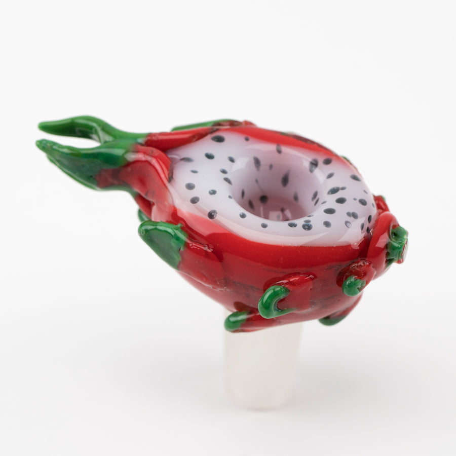 Three-quarter view of dragon fruit themed glass bong bowl with textured grip bumps and 14.5 mm male connection.