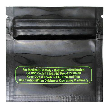 Close-up of black Mylar odor-proof pouch with bright green “For Medical Use Only” warning and sealed zipper closure detail