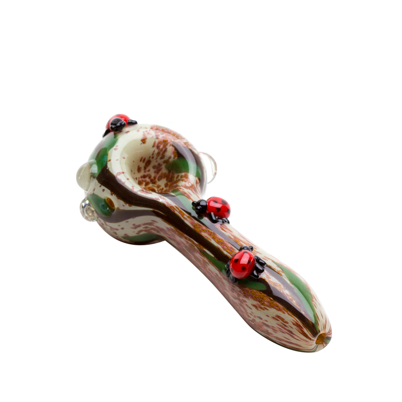 Angled 4½″ glass hand pipe with three red ladybugs, earthy speckled bowl, and clear grip marbles