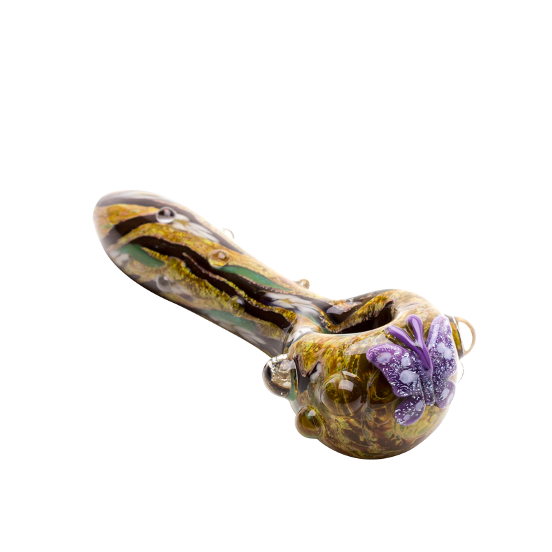 Angled 4″ glass hand pipe with brown-green body, clear marble grips, and purple butterfly accent