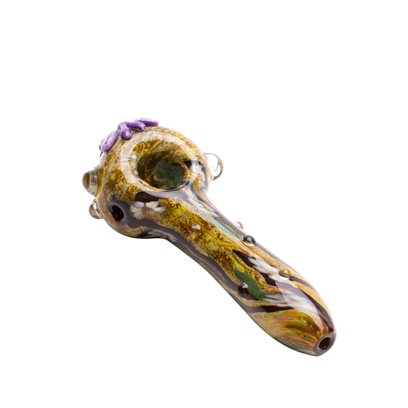 Front view of butterfly glass hand pipe with wood-grain tones, glossy marbles, and sculpted purple appliqué