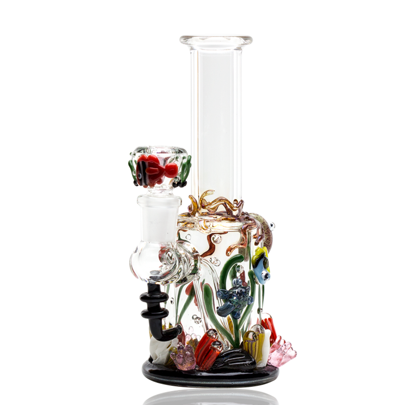 White-background 7″ glass mini rig with ocean critter accents, stemless 14.5 mm female joint, and clear body