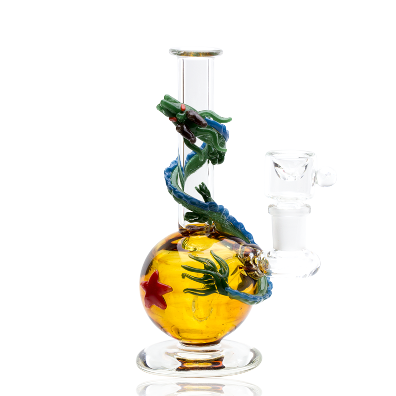 White-background Dragon Sphere mini rig with green dragon coil, red star accent, and clear beaker base