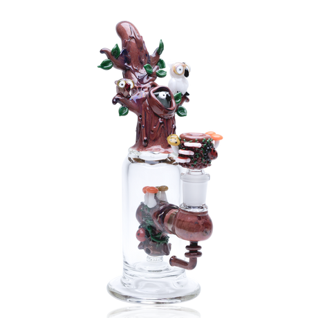 Front view of Hootie’s Tree mini rig showing mushroom-trimmed bowl, owl accents, and reinforced stemless joint on compact body.