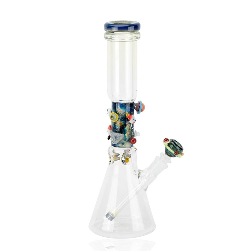 Left-angle shot of Empire Glassworks Galactic beaker bong highlighting thick mouthpiece rim and galaxy artwork swirling around the central tube.