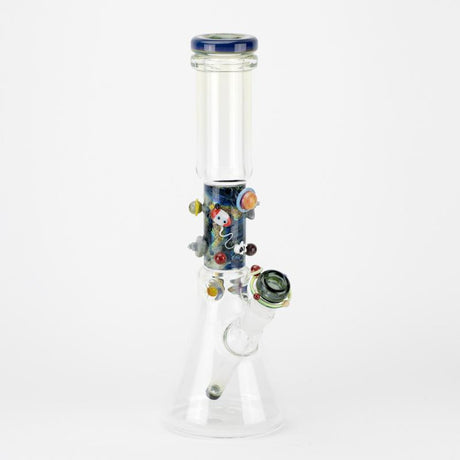 Full-body product image of handmade Galactic beaker glass bong on white backdrop, displaying ice pinch and sturdy flared base for stable tabletop use.