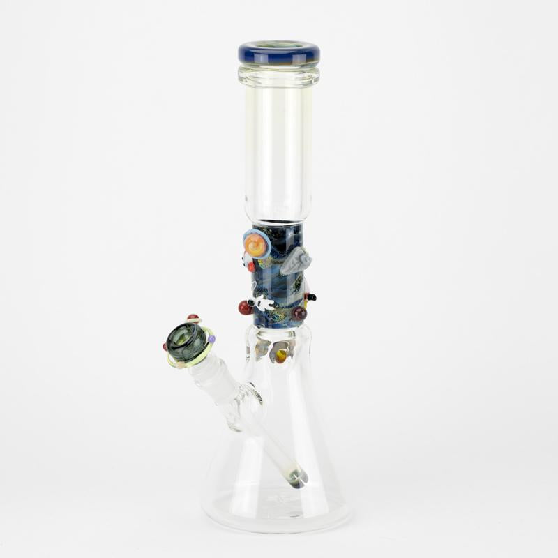 Right-side profile of 14-inch Flagship beaker bong with bowl removed, focusing on 18.8 mm joint and green planetary ring handle detail.