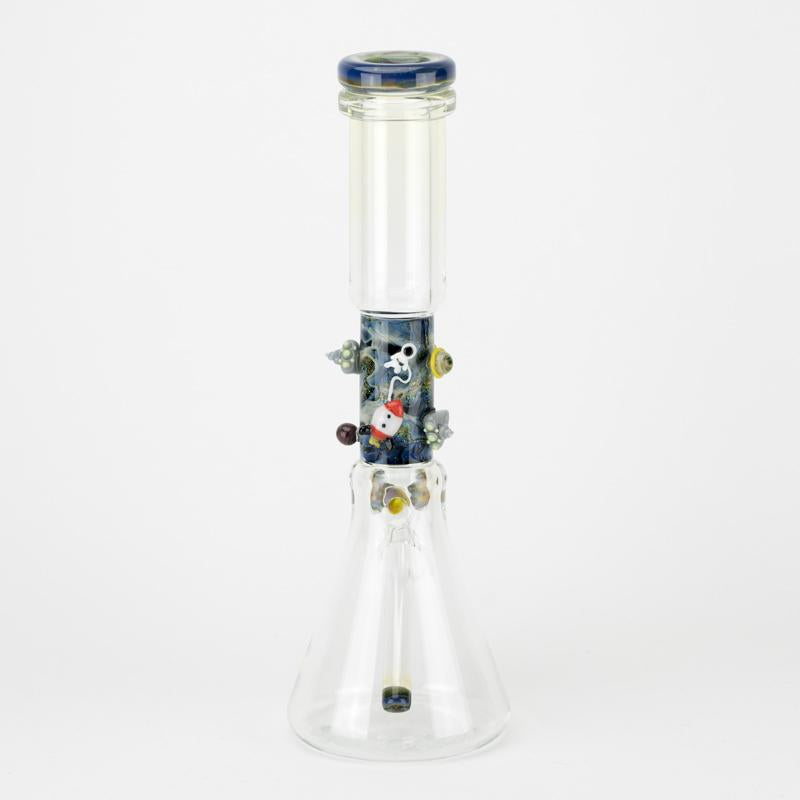 Rear view showing clear beaker chamber and complete cosmic motif encircling the neck of the Empire Glassworks Galactic beaker glass bong.