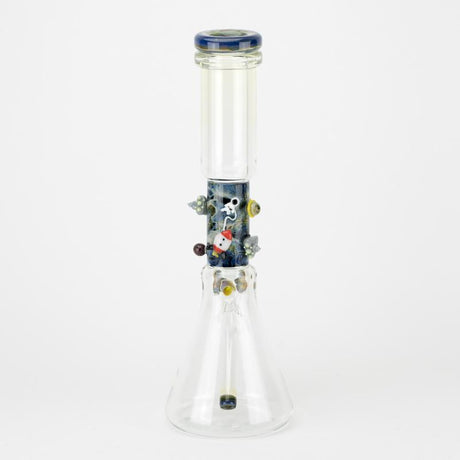 Rear view showing clear beaker chamber and complete cosmic motif encircling the neck of the Empire Glassworks Galactic beaker glass bong.