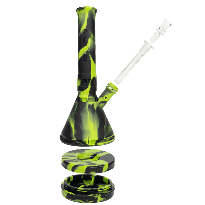 Exploded view of green and black Eyce silicone beaker bong showing removable glass downstem, stash jar base, and rolling tray sections.