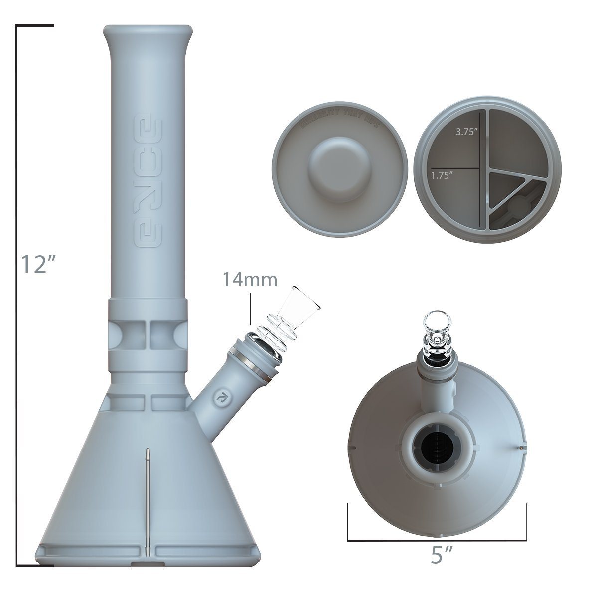 Technical diagram of 12-inch Eyce silicone beaker bong with 5-inch beaker base, 14mm joint, and hidden storage compartments in bottom.