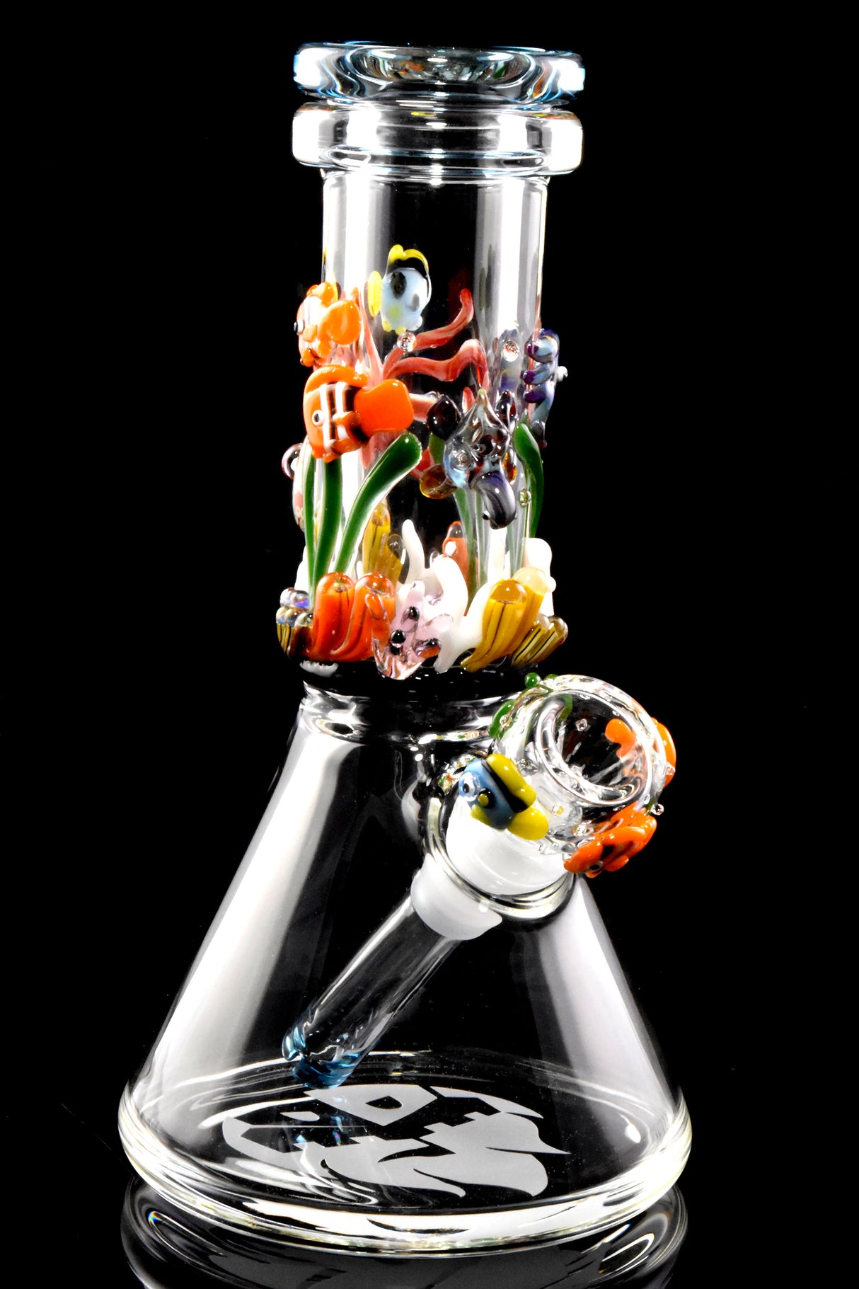 Under-the-sea themed baby beaker bong on black background showing detailed coral, fish, and matching worked slide on angled downstem.