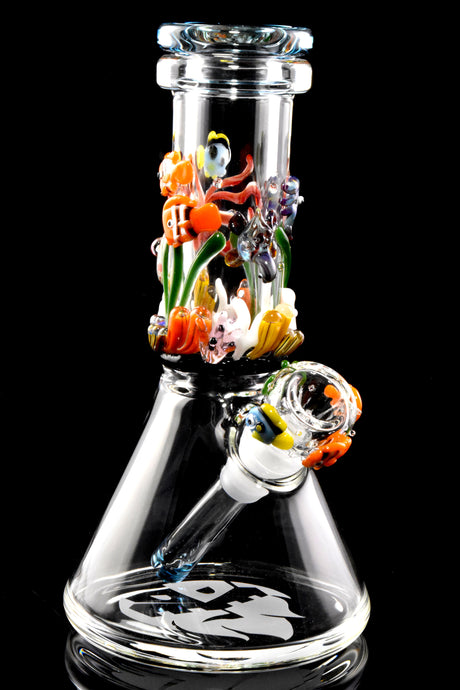 Under-the-sea themed baby beaker bong on black background showing detailed coral, fish, and matching worked slide on angled downstem.