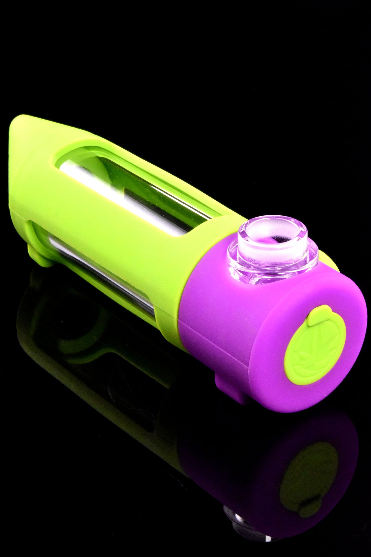 Top view of compact silicone/glass modular pipe highlighting the mouth opening and protective sleeve.