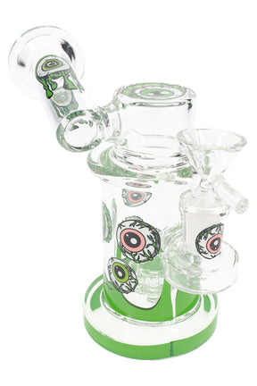 Green-accent eyeball sidecar bong featuring 14.5 mm GoG joint and bold eyeball decals on the chamber, 5.5″ height.