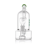 Rear angle of Hemper bell glass water pipe highlighting curved neck, bell dome chamber and lower base reservoir on reflective surface.