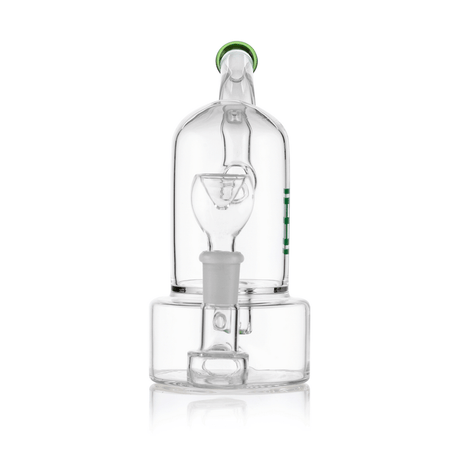 Rear angle of Hemper bell glass water pipe highlighting curved neck, bell dome chamber and lower base reservoir on reflective surface.